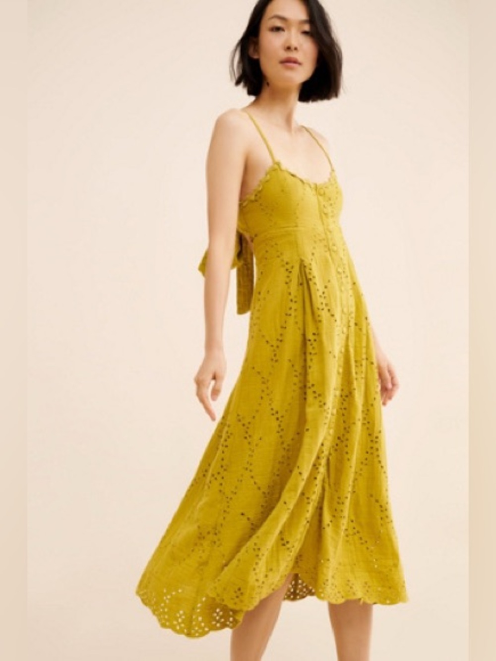 Free People Avocado Eyelet Tie Back Midi Dress Size S NWT